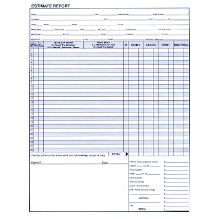 Asp RepairEstimate, 8 1/2X11, 50 Sheets Per Pad, 2 Pads Per PkForm No 45 Pk 9100